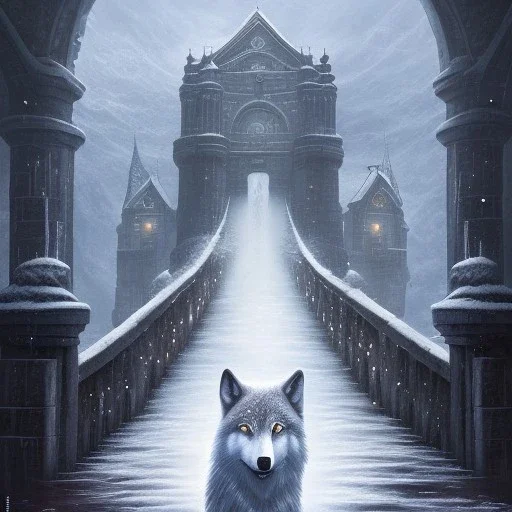 fantasy art, book cover, upper body of wizard in front of the ebony stairs of a bridge or dam ,icy water, on the bridge is a wolf, there is also a hawk