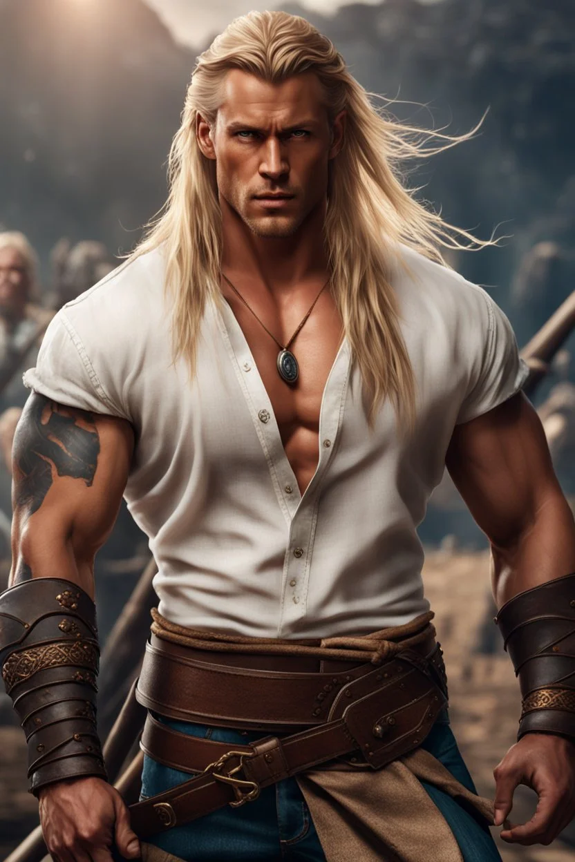 handsome viking warrior king, muscular, long blonde hair, male age 30, wearing jeans and a white button up shirt, tan skin, tattoos,photorealistic 4k modern fantasy