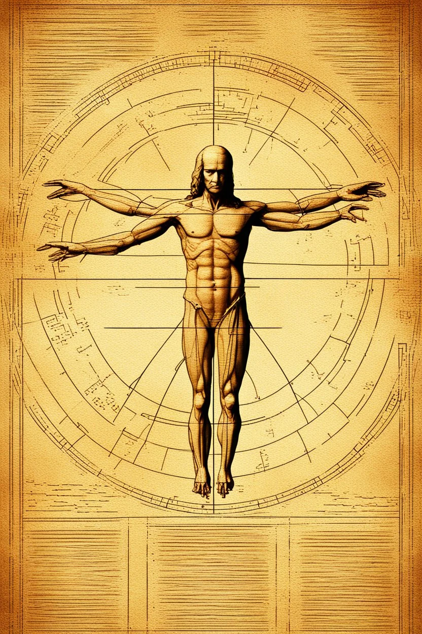 Leonardo da Vinci's Vitruvian man against the background of the matrix and the crumbling ones and zeroes.Solid science fiction, high resolution. Clear elaboration of all the details.