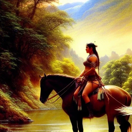 Drawing of beautiful face extra busty apache female warrior on horse,forest,river,mountains,ancient leather armor, balanciaga fashion clothe painting by gaston bussiere, greg rutkowski, yoji shinkawa, yoshitaka amano, tsutomu nihei, donato giancola, tim hildebrandt, oil on canvas, cinematic composition, extreme detail,fit full head inside picture,16k