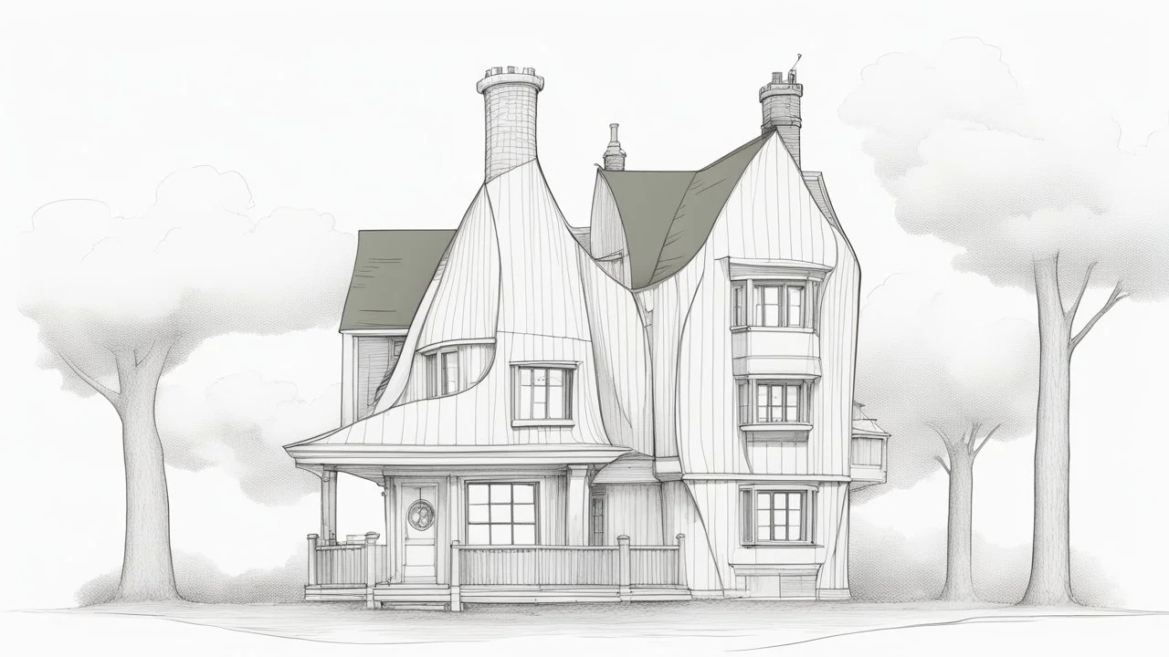 front elevation line drawing of a tall, narrow, warped fantasy house with a crooked chimney,