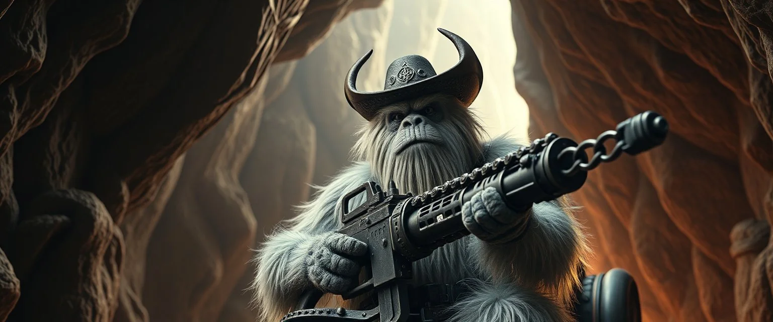 movie poster, portrait interview cowboy Abominable Yeti in space ship in cave holding huge mounted chain gun