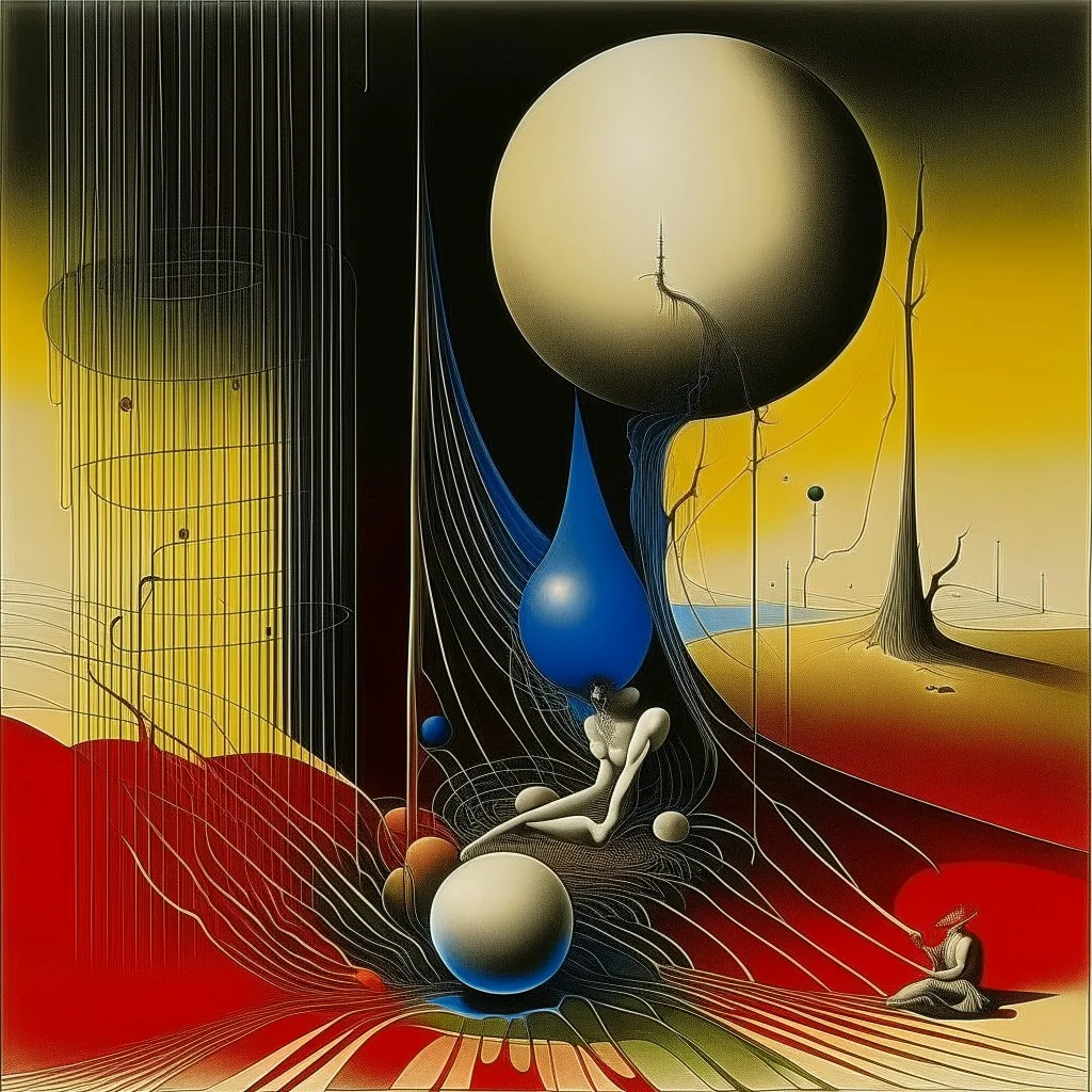 The curse of adverse suggestion, abstract, asymmetric surrealism through a hypnotic graphic with visual optical illusions subliminal and moral hazard, the rule of thirds, by Gerald Scarfe, by Yves Tanguy, John Jude Palencar and Ben Goossens, with symbolism about horror of war primary colors, minimal 3D art effect and hyperset lineart with perspective and framing in a wide frame.