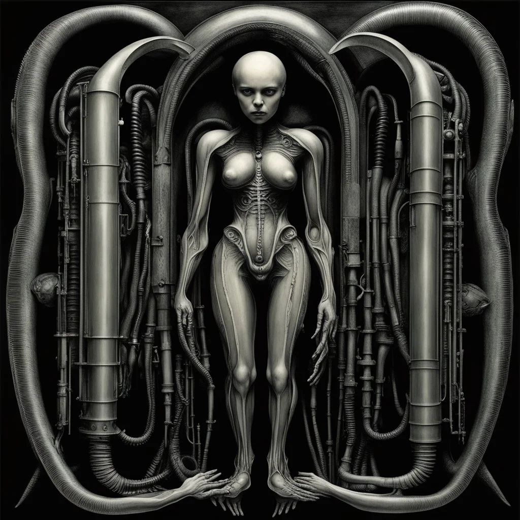 HR Giger's biomechanical art often explores themes of sexuality, gender, and the merging of human and machine. In some of his works, he portrays female figures with spread legs in a provocative and aggressive manner, emphasizing a sense of raw and primal energy. The spread legs in Giger's biomechanical art may symbolize themes of power, vulnerability, and eroticism, as well as the blurring of boundaries between human and machine. The juxtaposition of organic and mechanical elements in these com