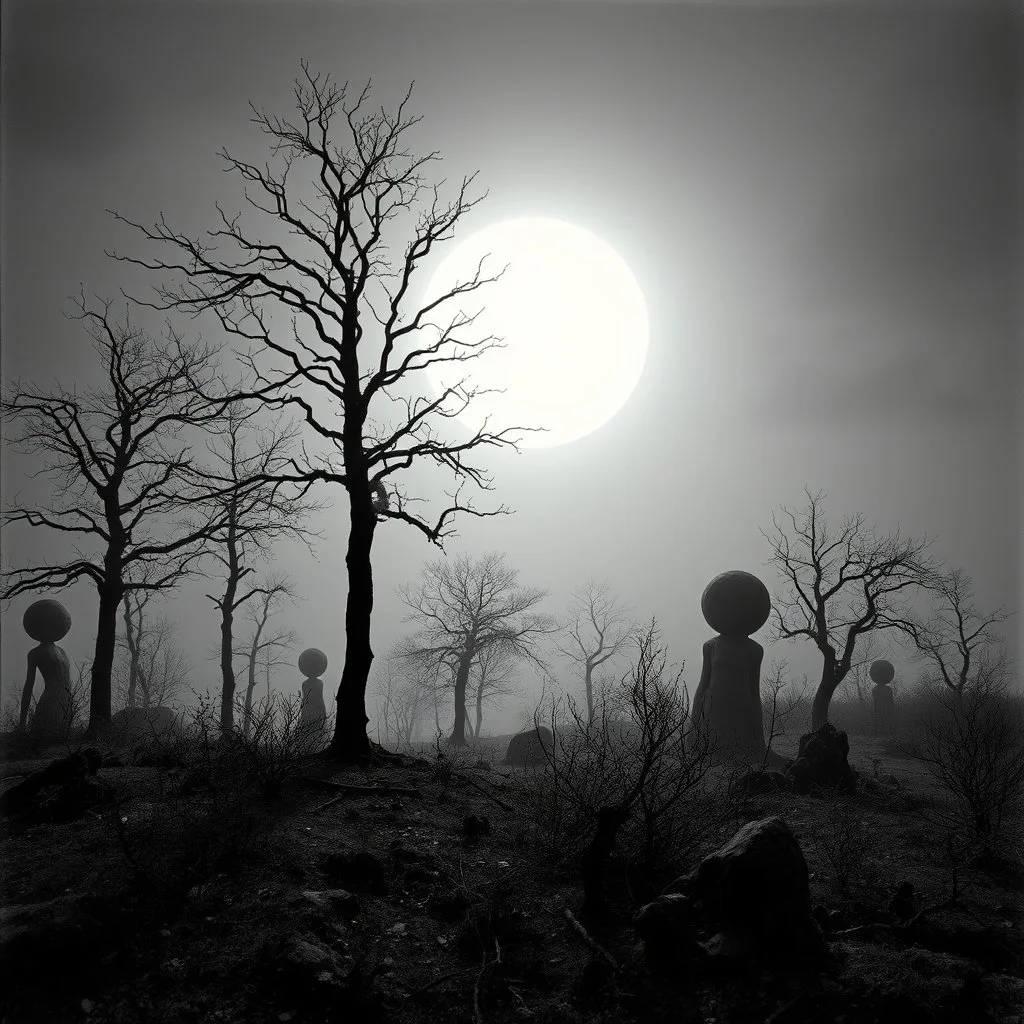 Close-up Ilford photograph of a creepy surreal landscape, eerie, very surreal, trees, spooky, metaphysical objects, giant sun, intricate, thoughtful, appalling, deep 3d field, 8k, hypermaximalist