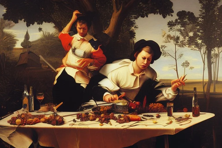 rapper smoking on picnic table by Caravaggio