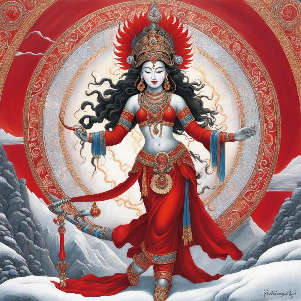 Vajrayogini rises red as a secret dawn in the high snows of Tibet, dancing on the corpse of the small, clinging self. Her curved blade flashes—thought severed at the root; her skull-cup brims—desire ripened into wisdom. Fierce, ecstatic, she wastes nothing: every passion is fuel for awakening. She is bliss wed to emptiness, fire married to boundless sky. In her image the seeker dissolves, finding the mind’s clear, deathless light. Swift mother of realization, she stands not as goddess alone but
