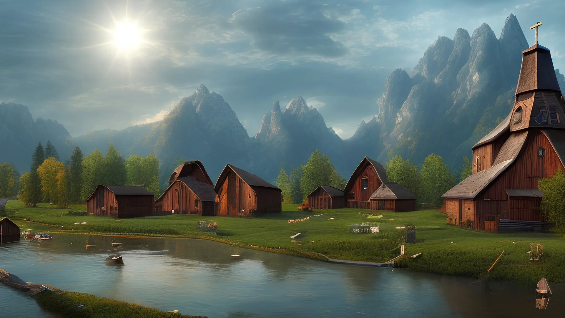 Looking across a torrential river to a village of new wooden houses, circular wooden church and farm buildings, and mountains in the far distance, highly detailed, realistic, sunshine, RTX