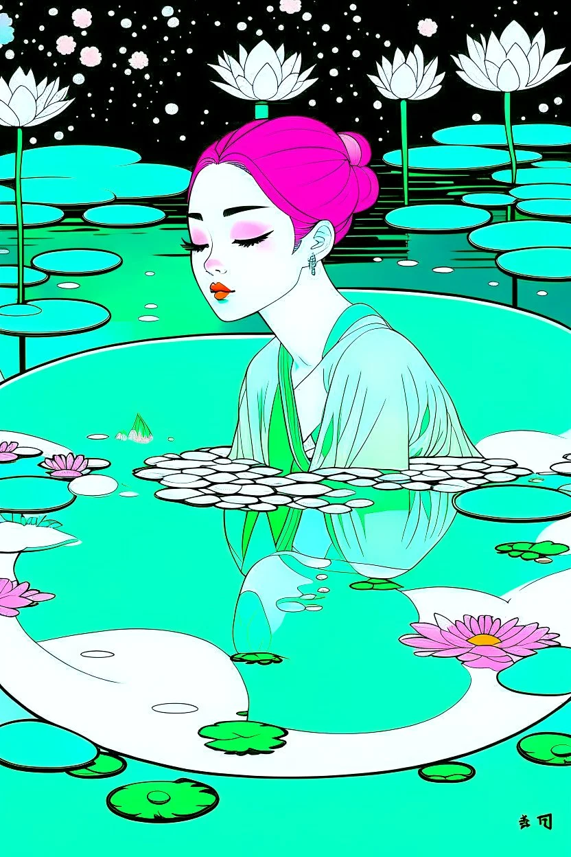A green-haired woman with a peaceful expression lies at the bottom of the pool, with lotus flowers floating on the water, one big moon in the background, reflection, minimalist, animated artistic style, loose strokes, dynamic lighting, digital art, art by james jean, takato yamamoto, inkpunk minimalism