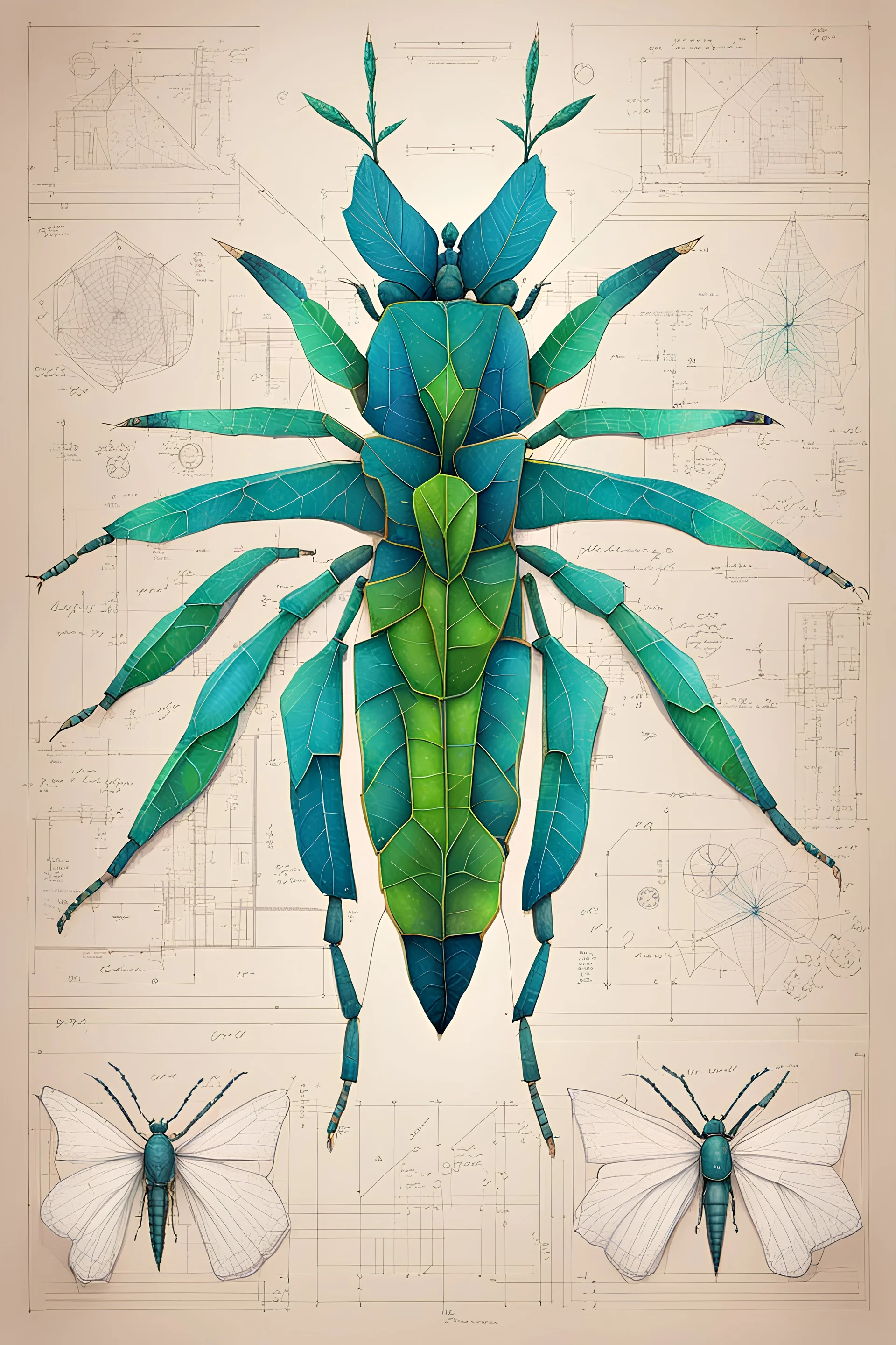 Hand drawn technical,full body illustration , with detailed blueprints and engineering schematics of a hybrid walking leaf insect woman, with highly detailed facial features, drawings, and technical notation, 8k, vibrant natural colors