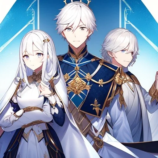 Twins, boy and girl, white hair, silver eyes, royal hall background