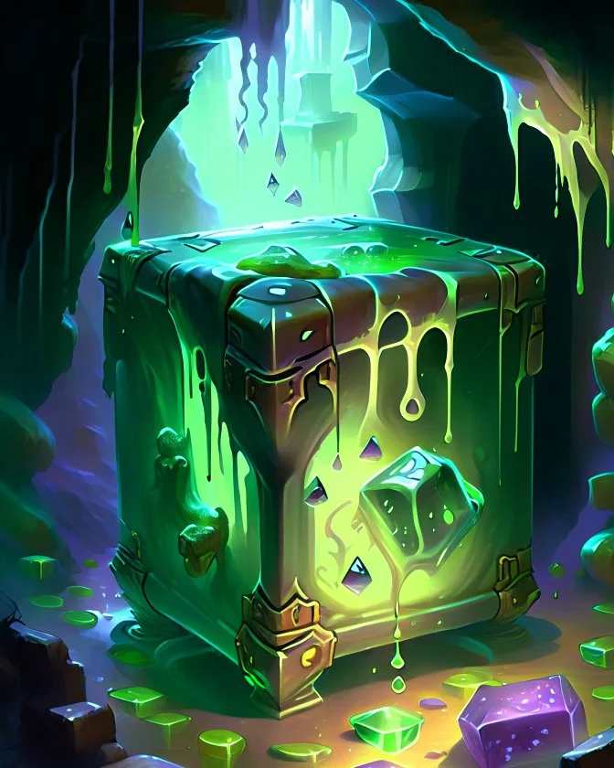 a slimy dripping gelatinous cube in vast dungeon cave room with treasure chests rpg art painterly