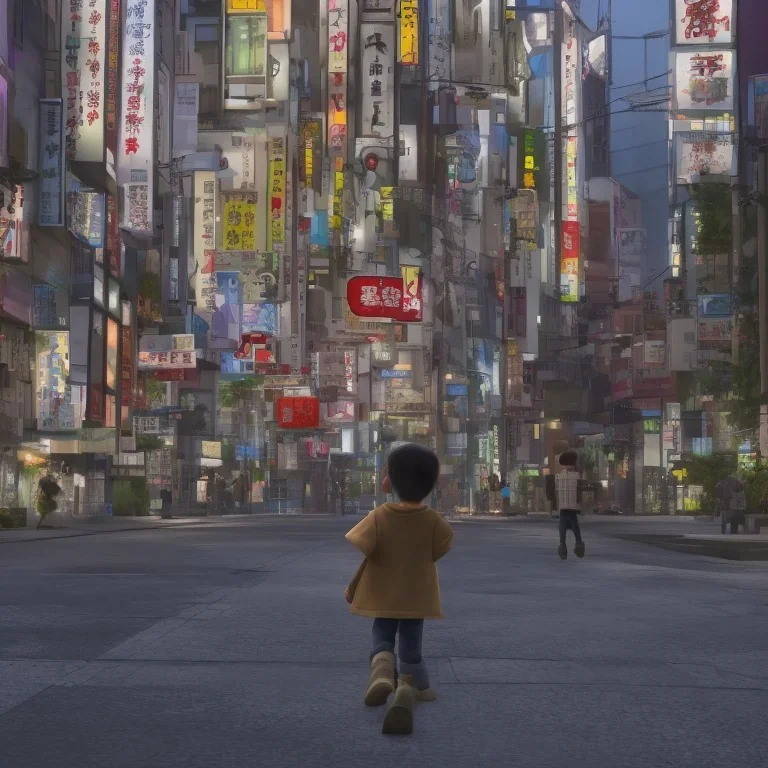 behind photo A young boy walking streets of megacities, tokyo post apocalyptic