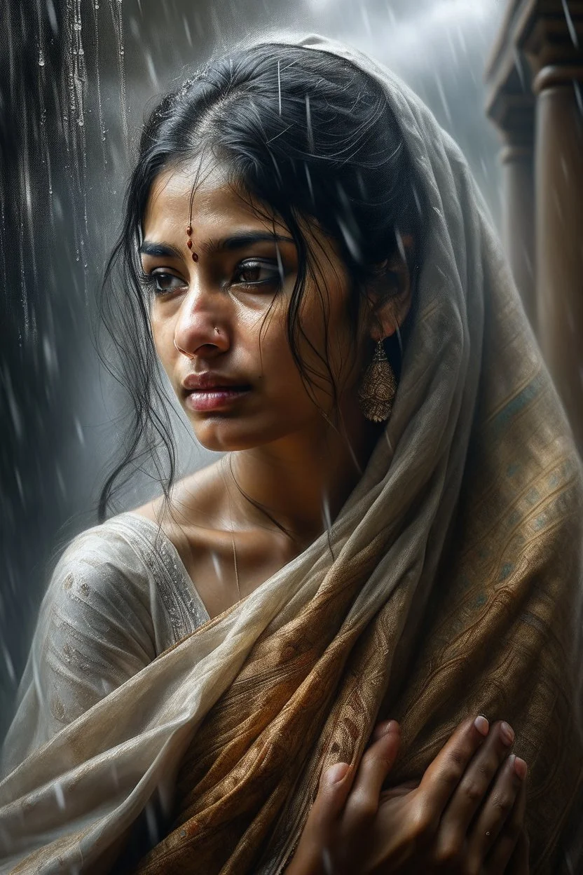 A stunning Indian woman in a damp, off-white saree, her face hidden behind the fabric, stands against a backdrop of rain and wind in a hyper-realistic oil painting by Philipp Weber. The woman's intricate features are highlighted by the artist's skilled brush strokes, capturing the essence of her beauty and vulnerability. The details in the painting, from the delicate folds of the saree to the subtle expression on her face, are incredibly lifelike, truly showcasing Weber's talent and attention to