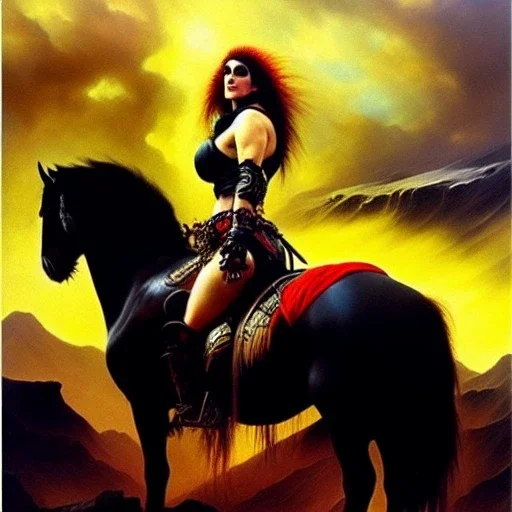 portrait oil on canvas, beautiful punk busty female Savage Barbarian Warrior, riding a Black Horse,green eyes, ,minimal armor,comic book cover, mystical colors,insanely detailed,realistic,intrincate detail, 16k resolution, masterpiece,Frank Frazetta,Alex Horley, Simon Bisley