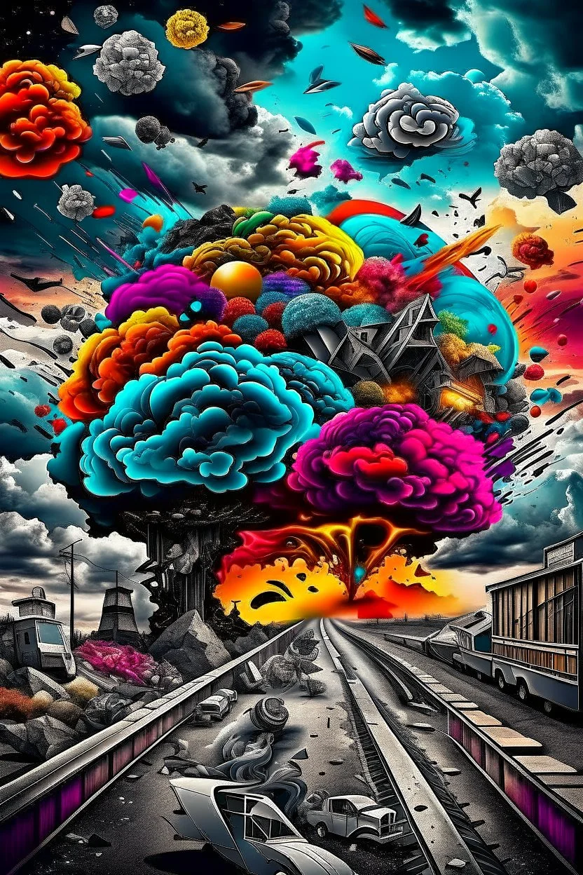 A surrealistic image of the irony of life, where funny and sad things are mixed together in an abstract way. The image is the best ever art creation, with 8k resolution and realistic details. It shows a contrast between the bright and dark sides of life, and how they are both essential and inevitable.