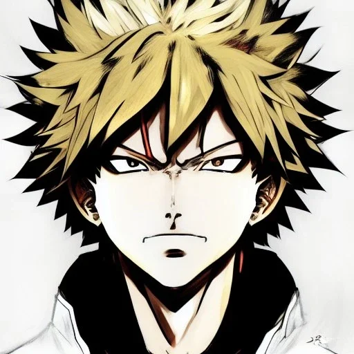 Detailed anime portrait of bakugo from my hero academia, gold hair and golden eyes, black suit, intricate details, full body portrait, keep head in frame, slight smile, black Japanese motif, concept art, highly detailed, digital painting, concept art, sharp focus, illustration, art by Yoji Shinkawa, WLOP and greg rutkowski and alphonse mucha and artgerm and yanjun Chen and Junji ito and Makoto Shinkai, HDR, octane render