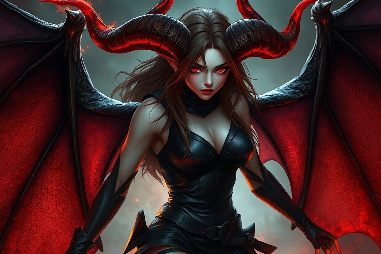 A female demonic being, pale skin, long brown hair, red eyes, long flaming horns, black leather outfit, bat-like wings, an air of malevolent power surrounds her, greg rutkowski, intricate details, dark modern setting, hyperrealistic