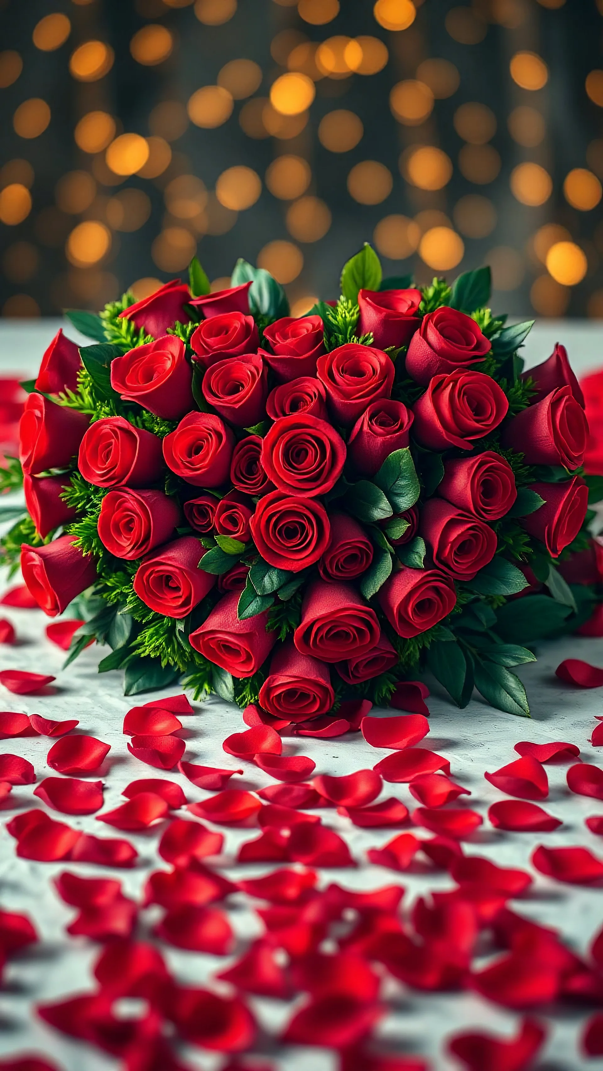 A stunning, romantic composition of a heart-shaped arrangement of vibrant red roses. The heart is meticulously crafted, with each rose appearing fresh and full-bloomed. Surrounding the heart, lush green foliage adds a touch of nature and contrast. The surface, scattered with numerous red rose petals, accentuates the depth of love and passion. The background, featuring a bokeh effect with golden lights, creates an enchanting atmosphere that enhances the overall romantic ambiance of the scene.