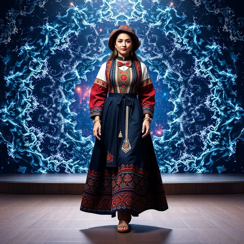 A full-body shot of a beautiful lady wearing azeri folk costum walking on a nice stage and looking at the camera 3D fractal interstellar world.