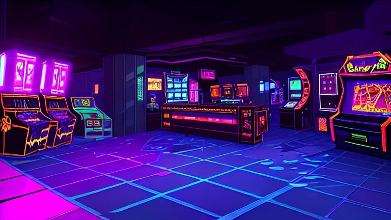 A dark photo of the corners of an 80's aesthetics arcade at night, with a lot of functioning arcade machines, a vaporwave floor and some colorful tiles in between the floor. Purple aesthetics.