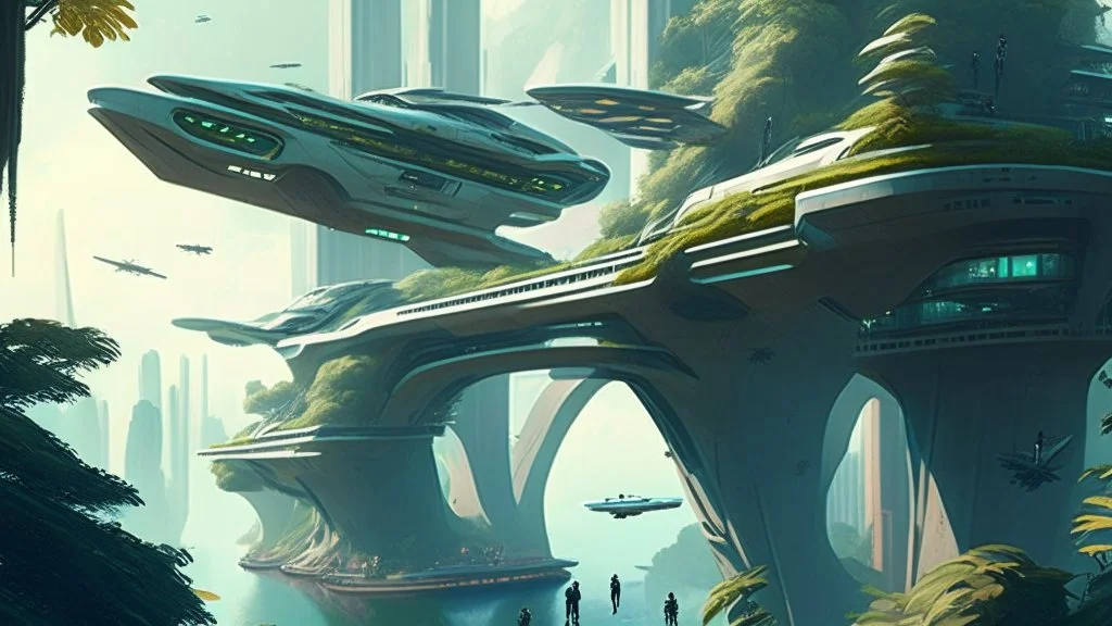 people watching a futuristic ship flying above a utopian metropolis. bridges, roads, balconies, trees, dense foliage, river, pathways, detai...