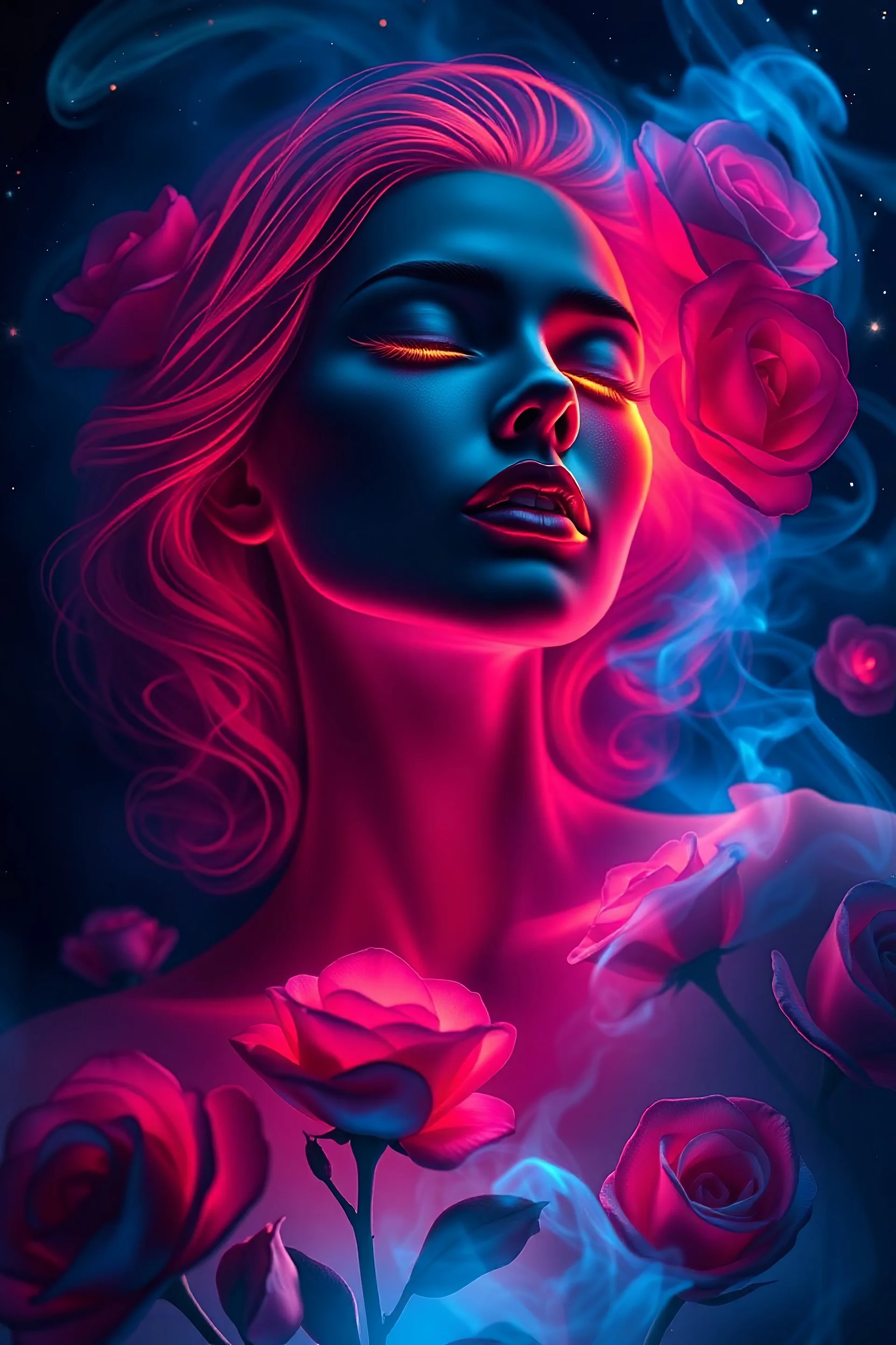 Her delicate figure is carved like a work of art , eyes closed, looking at me, The blue night enveloped her, Every line and curve is engraved with fine detail. This 8K high-resolution woman is an exquisite picture of light and shadow, color, and feeling, Body Glow, (Glowing lines), Surrounded by beautiful Rose flowers, correct human anatomy , flash, Fluorescent particles, Backlight. smoke neon glow transaparant iradian face screaming, floating in a cosmic background, adding