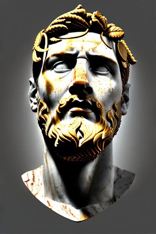 Ultra Realistic image, Roman sculpture, white marble material, Lionel Messi, gold Laurel leaves wreath, renaissance ornaments, one gold star in heart, sun ornament, blue marble background, chisel style, waist up portrait, emperor style, epic, celestial, cinematic lighting, God light, god rays, 4k resolution, smooth details, ornate details, soft lighting, unreal engine 5, art station, substance 3d.