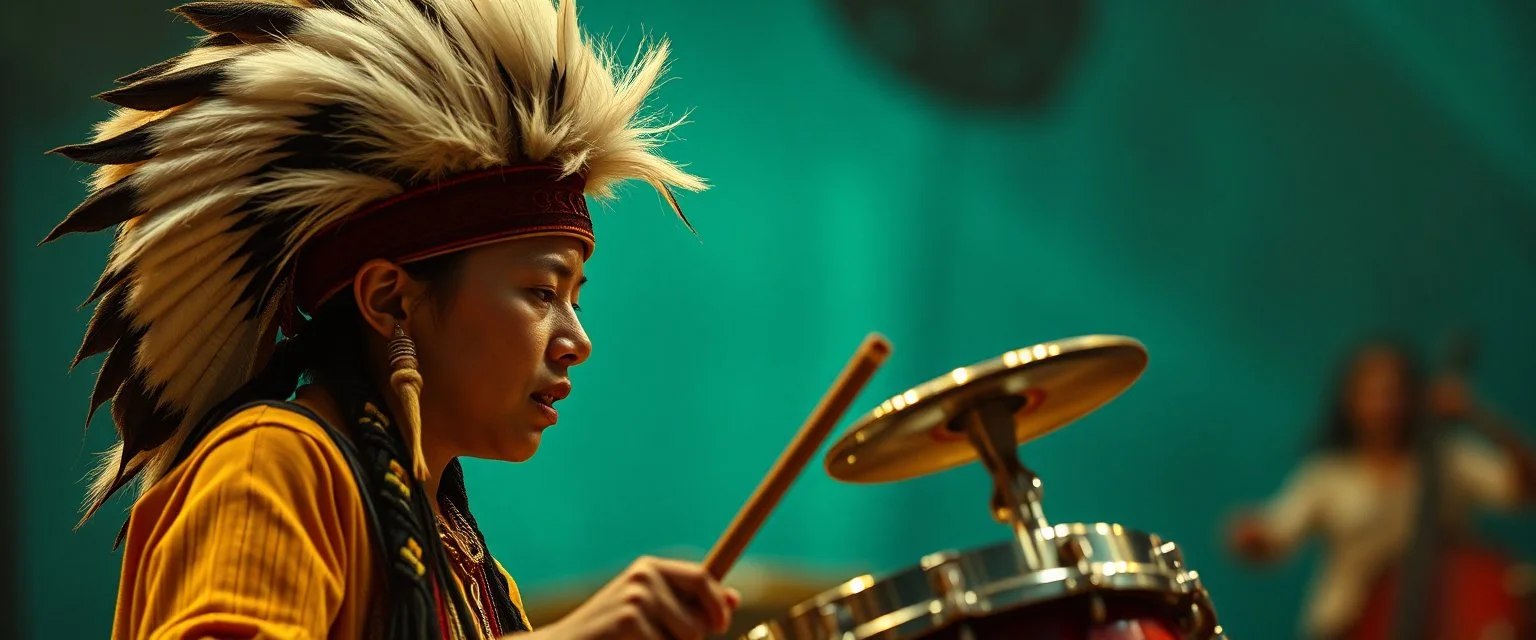 maga hat boy facing the native american drummer like in the press in the style of giger and escher