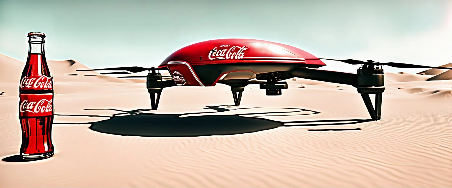 Coca-Cola Branded Military Warefare Drones, Desert, cinematic, Fuji Film, Anamorphic lens, 2040s, deep depth of field, in a Cyber punk WW3 film