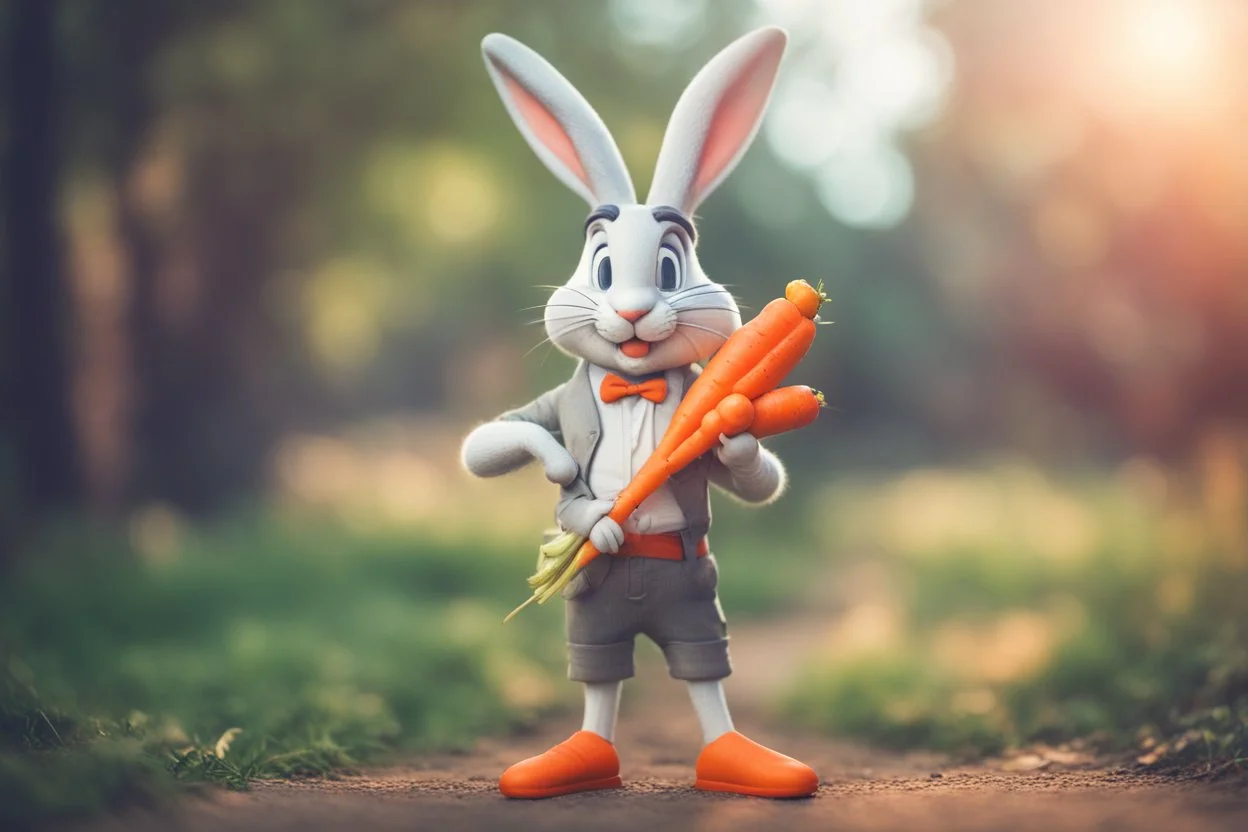 Bugs Bunny holding holding a large carrot in his hand in front of his trousers, with the tip pointing towards us, ethereal, cinematic postprocessing, bokeh, dof