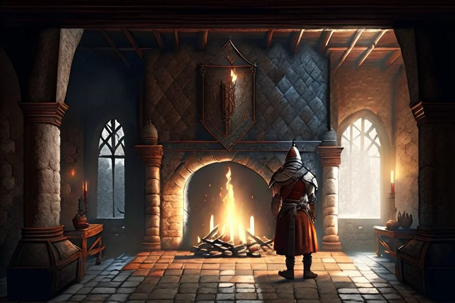 Interior of castle, warrior monk stands before the fireplace