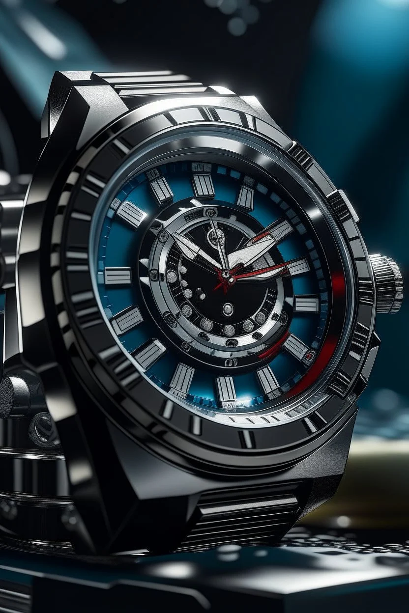 Generate a visually appealing scene of a Cartier Diver watch on a stable.cog, with reflections of surrounding elements on the watch case, emphasizing its polished finish and premium craftsmanship."