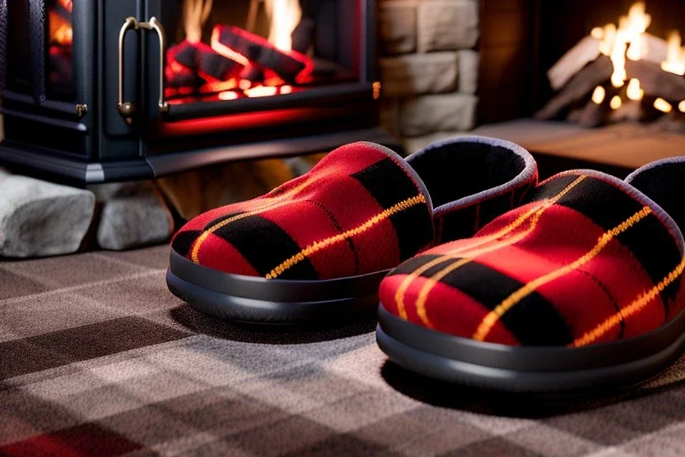 Red plaid slippers on black bearskin rug,log cabin walls, stone fireplace