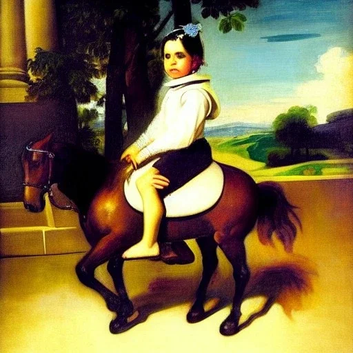 Retrato de una niña muy guapa llamada Eira Santiago Arnau montando un pegaso con el estilo de Diego Velázquez