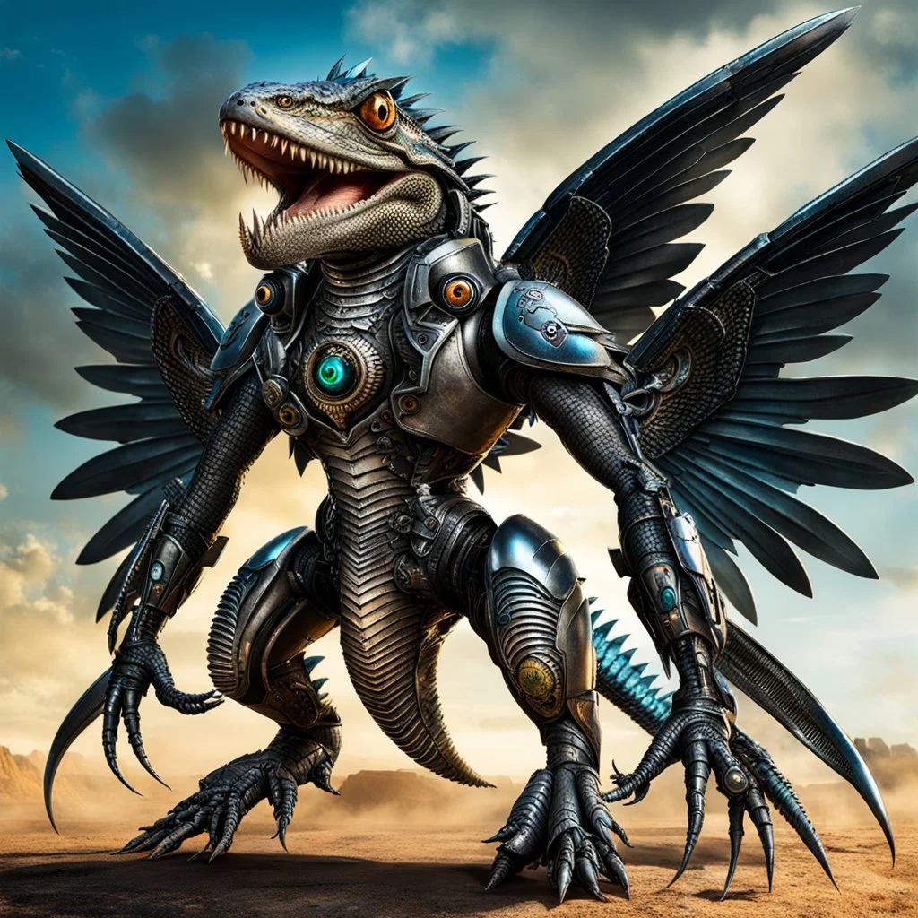 Lucky Stryker, Jet eagle lizard human combination, biomechanical surrealism, 4 limbs, 2 metallic wings, one jet engine, 2 eyes, big toothy smile