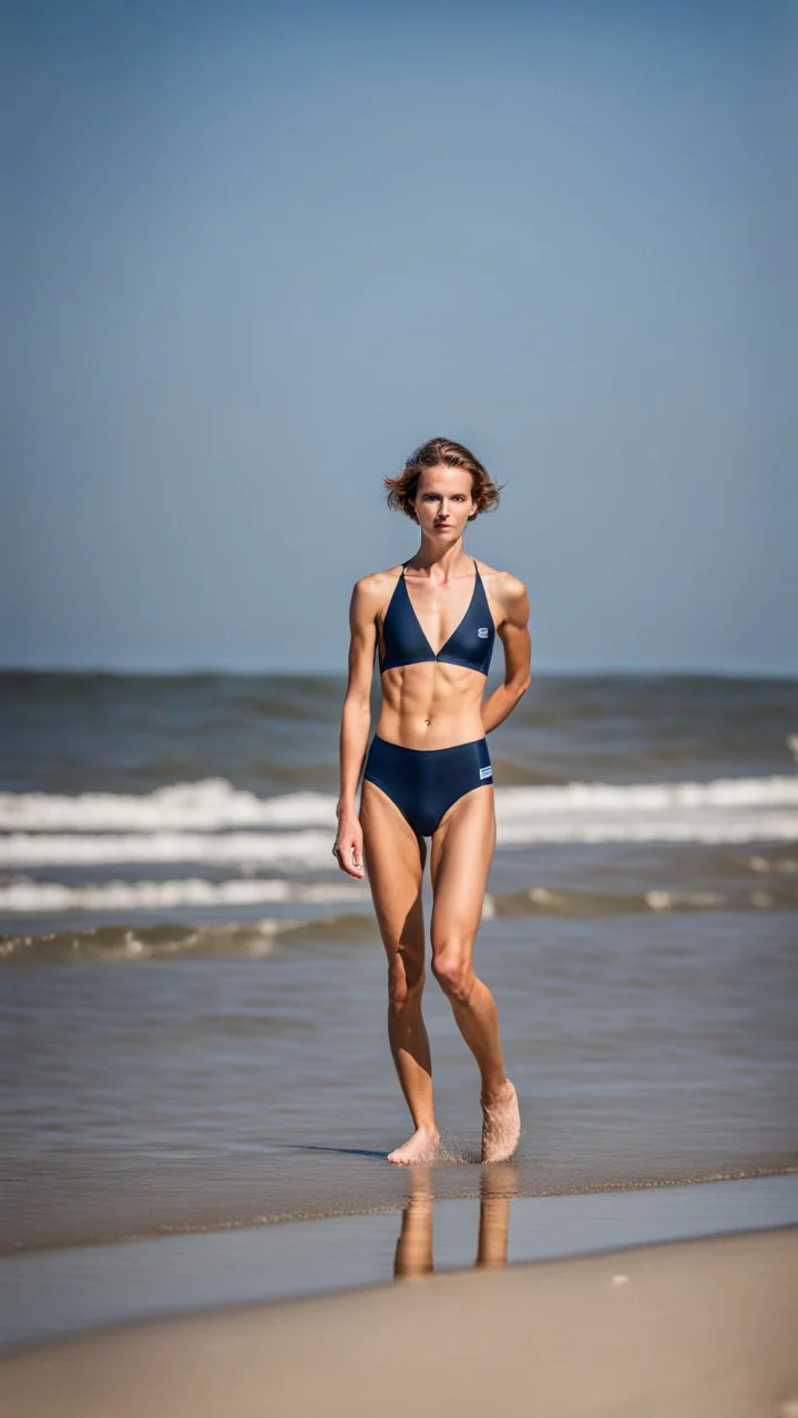 beautiful anorexic woman, standing frontal, full body shot, short shiny triathlon swimsuit, wavy bob haircut, photographed on the beach, raw, no shades