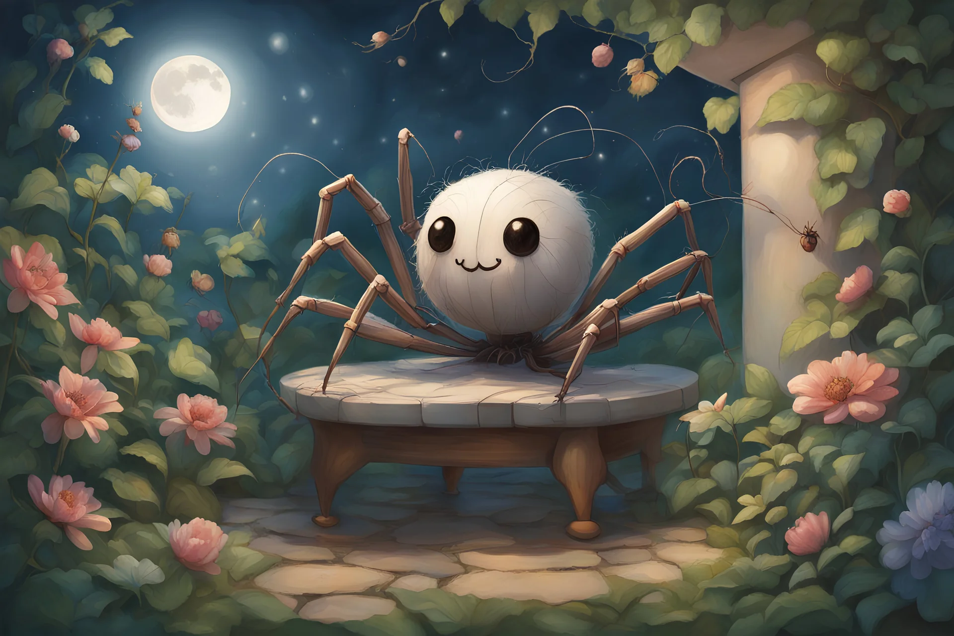 Generate an image of Spindle spider curling up in his cozy corner of the garden, with a contented smile on his face. Show the moon shining down on the garden, signaling the end of Spindle's adventure. Convey a feeling of peace and fulfillment as Spindle drifts off to sleep.