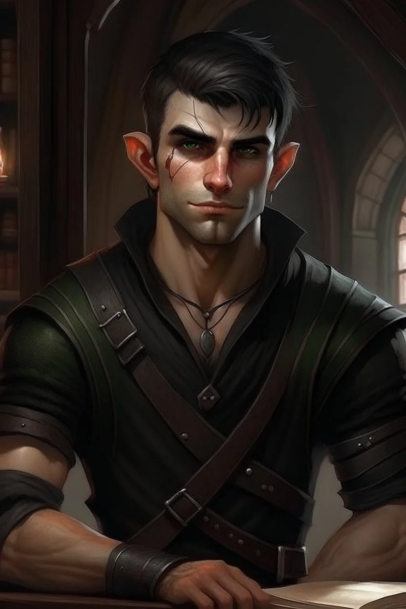 strong young half orc male who works at a tavern with short hair realistic wearing black clothing thin and bookish