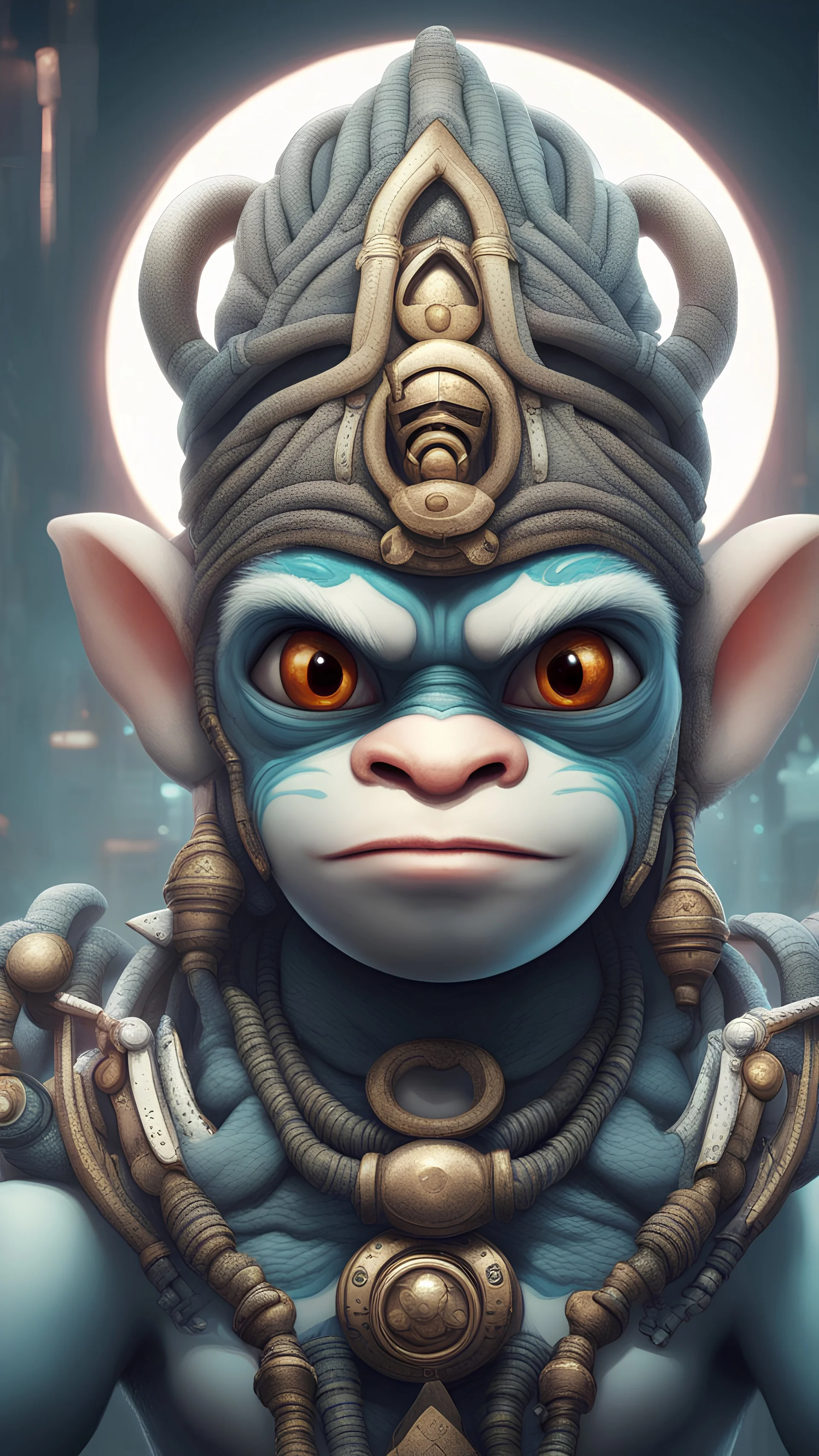 cartoon cute hanuman with white , Cyberpunk realism style, front view, 32k uhd, round,8k,HD