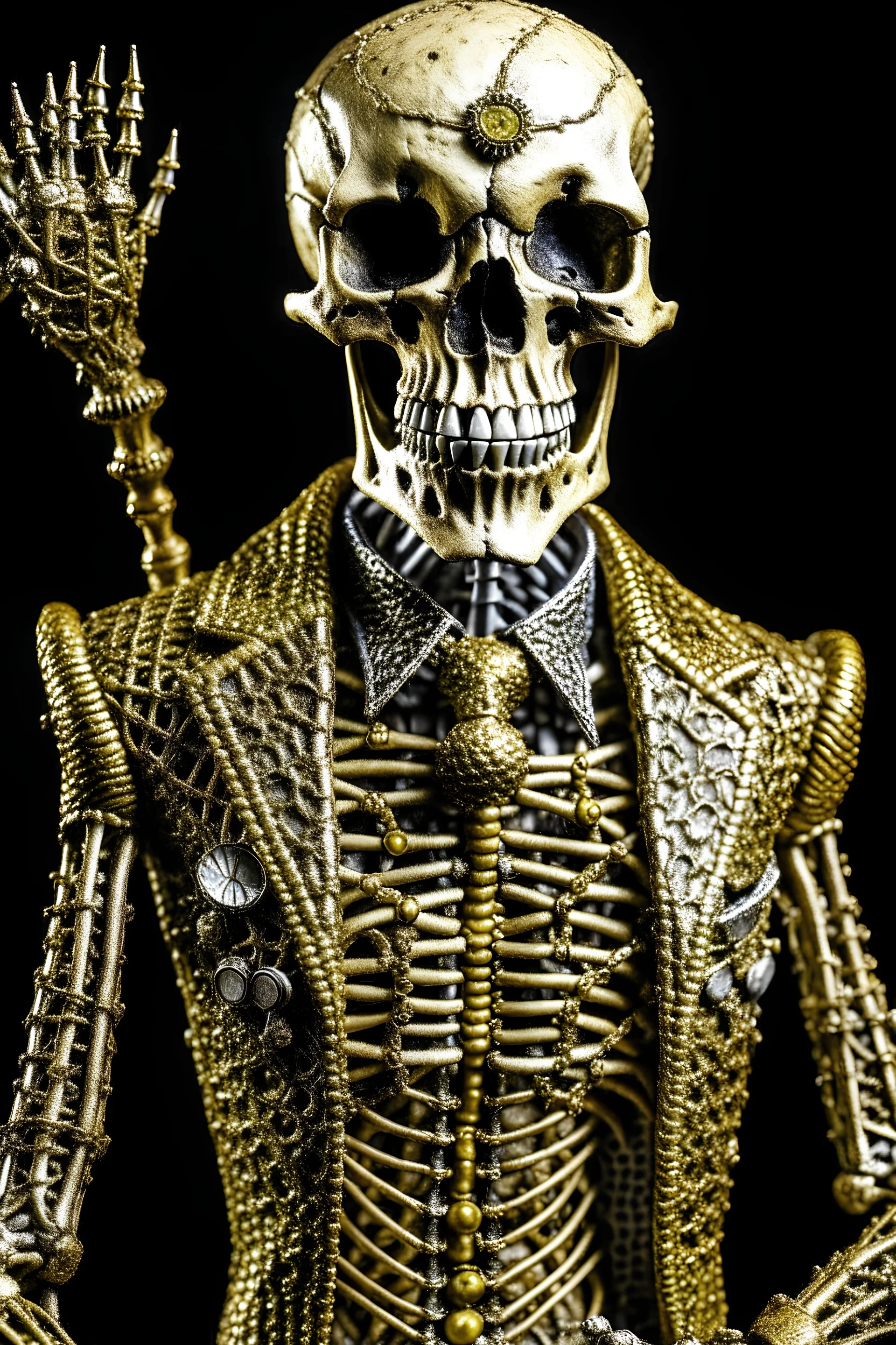 a skeleton in a suit holding a skull, with spikes, in the style of techno shamanism, made of wire, mixes realistic and fantastical elements, dracopunk, intricate costumes, splattered/dripped, close up