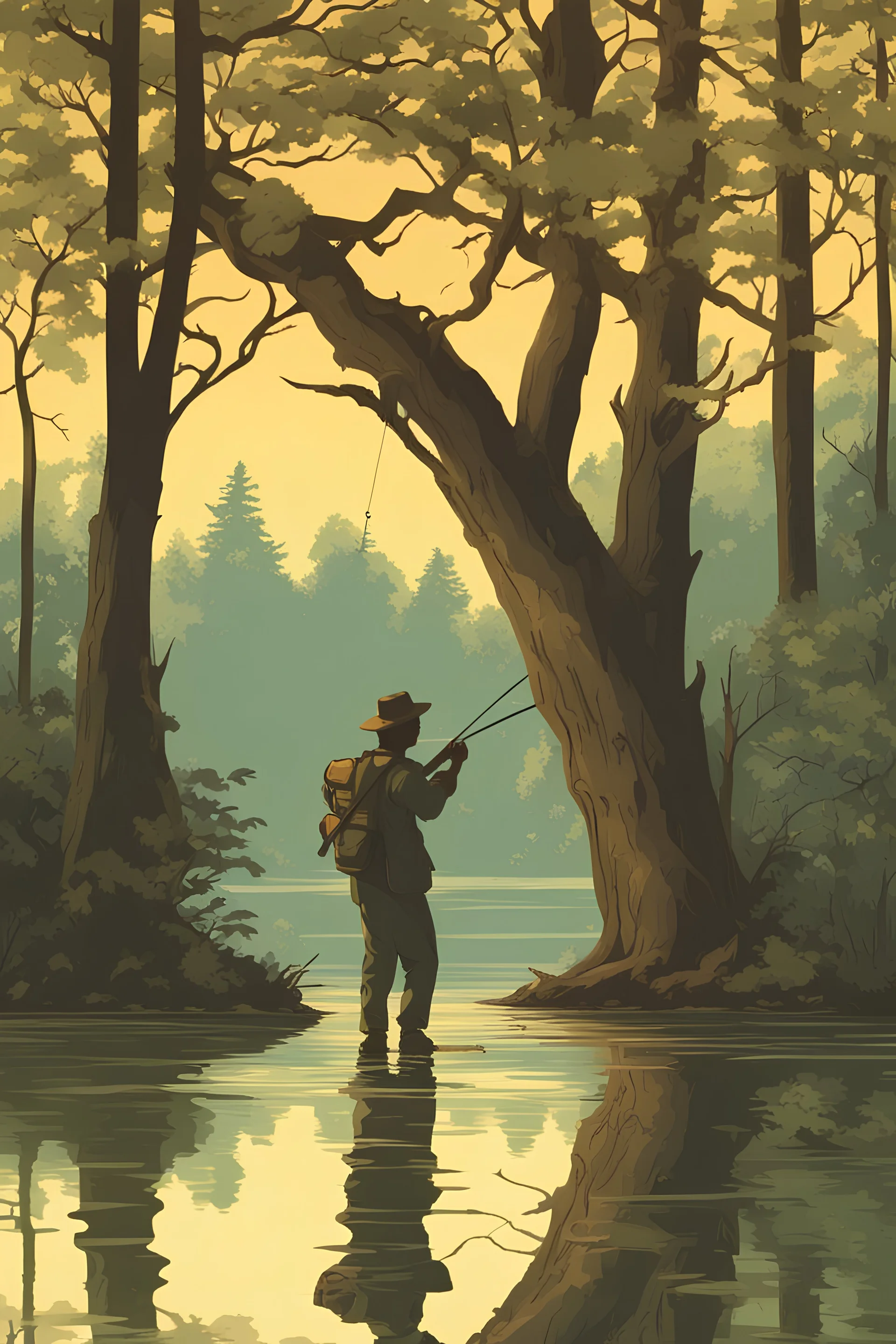 The fisherman is fishing under a large tree. The lake is surrounded by a forest, and the sun is in the sky.