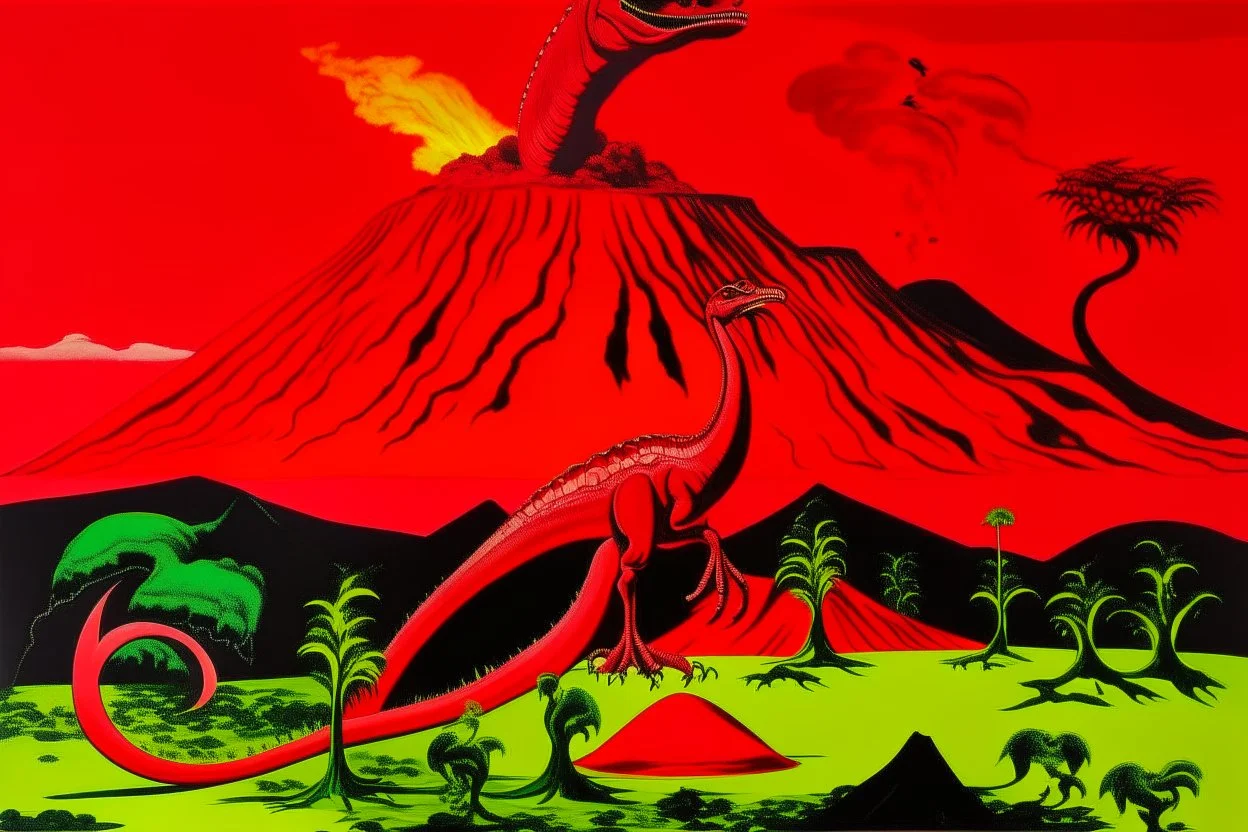 A red volcano with reptiles with healing fire painted by Andy Warhol