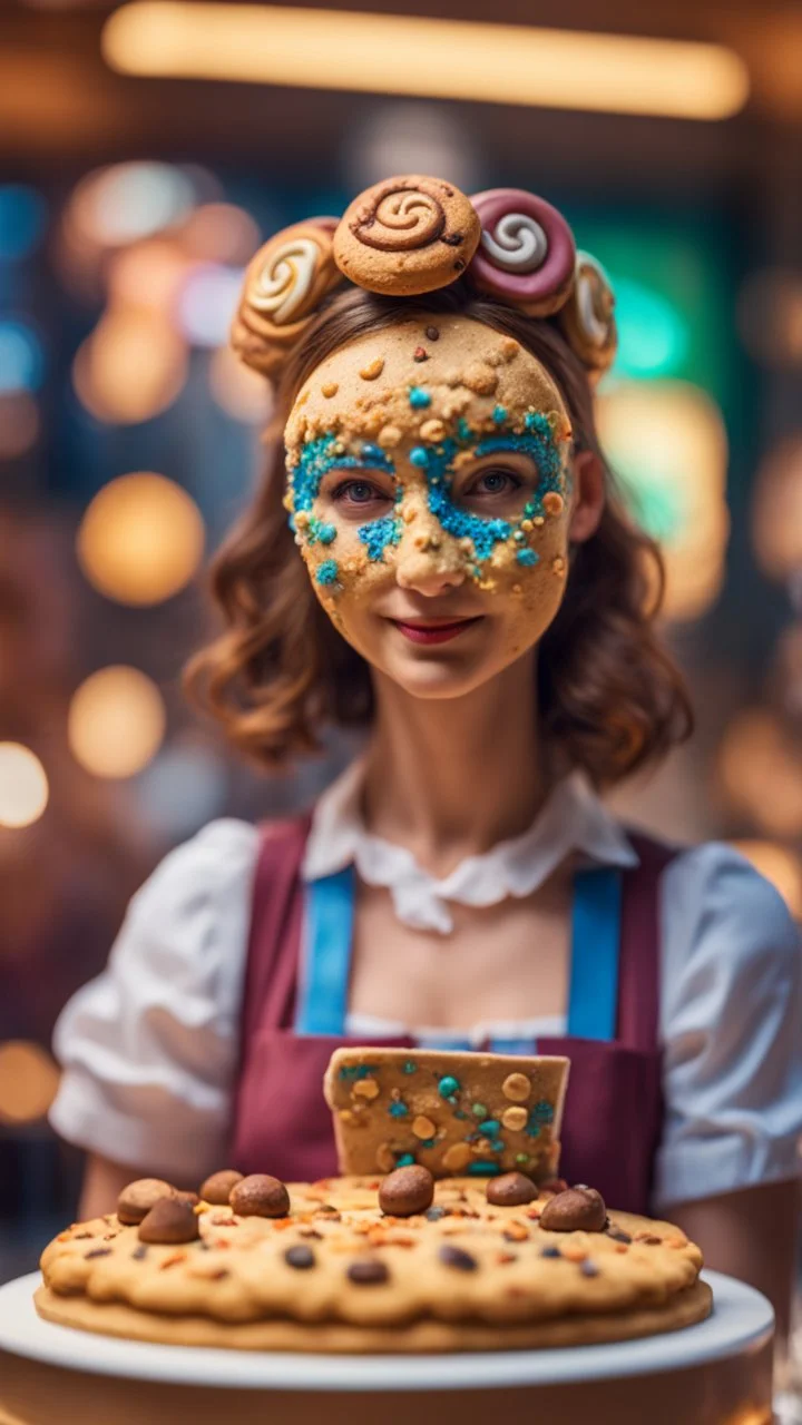 portrait of cute woman with cookie mask, baker of the highest many storied advanced art cake sculpture during a casino game show, bokeh like f/0.8, tilt-shift lens 8k, high detail, smooth render, down-light, unreal engine, prize winning