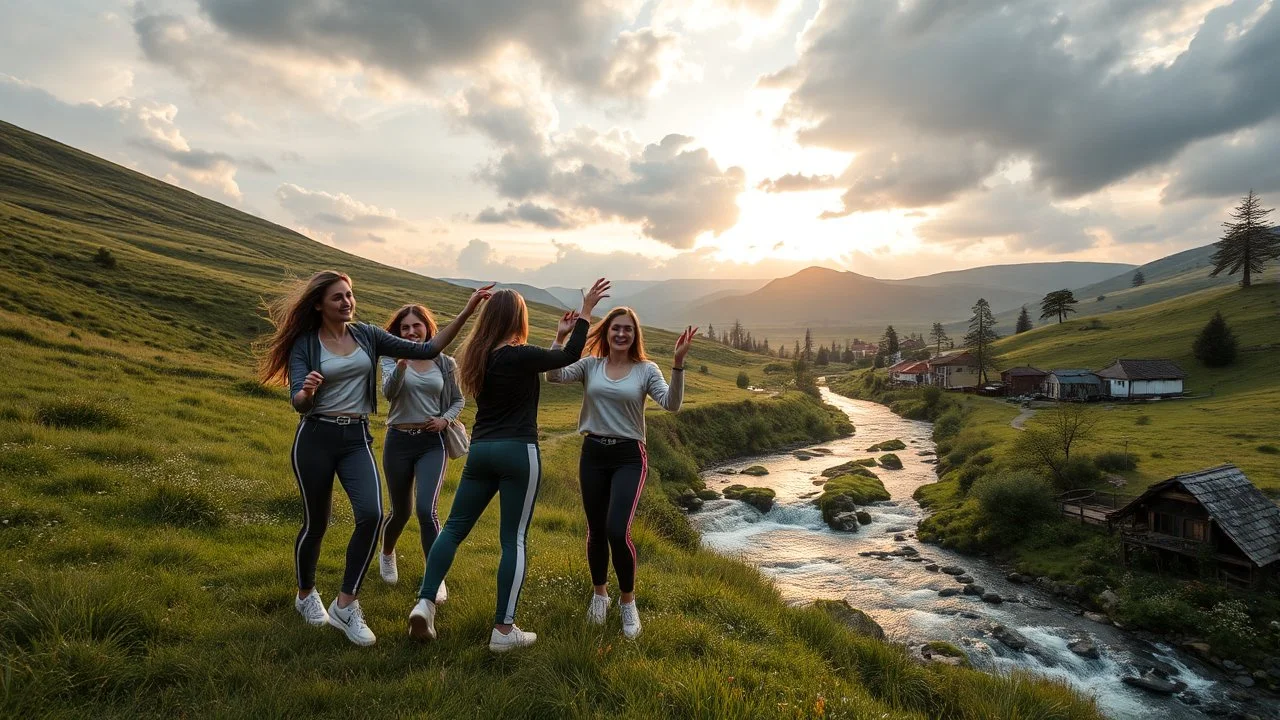 a group of young ladies in sports pants and blouse are dancing to camera in high grassy hills,a small fall and river and wild flowers at river sides, village houses,some trees ,cloudy sun set sky