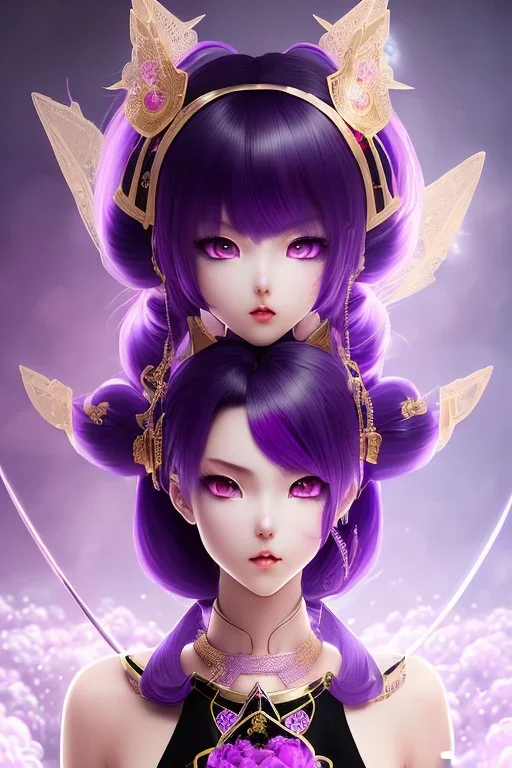 Detailed cute anime Kunoichi girl, purple hair buns, purple bangs, black latex bodysuit, intricate details, full body portrait, keep head in frame, slight smile, black Japanese motif, concept art, highly detailed, digital painting, concept art, sharp focus, illustration, art by Yoji Shinkawa, WLOP and greg rutkowski and alphonse mucha and artgerm and yanjun Chen and Junji ito and Makoto Shinkai, HDR, octane render