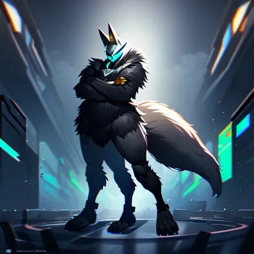 a fox fursona, darker colors, master quality, backlighting, soft lights, full body portrait, in frame, 8k, dark color pallet, perfectly drawn face, well drawn, realistic, humanoid, furry, cyberpunk, digitigrade legs, fur,