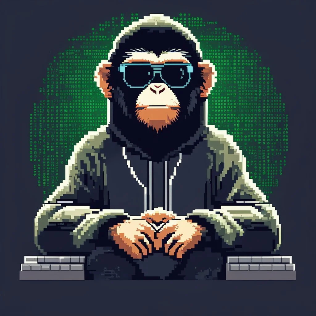 A Monkey sitting in front of a computer, wearing a hoodie and sunglasses. Matrix in background. Pixel Art. Profile Picture. Avatar. Pixel