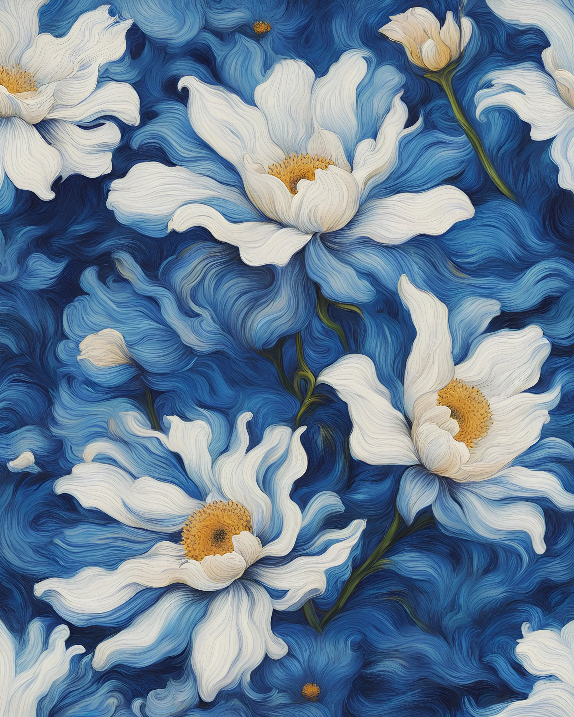 bright light and dark blue flower van Gough white background