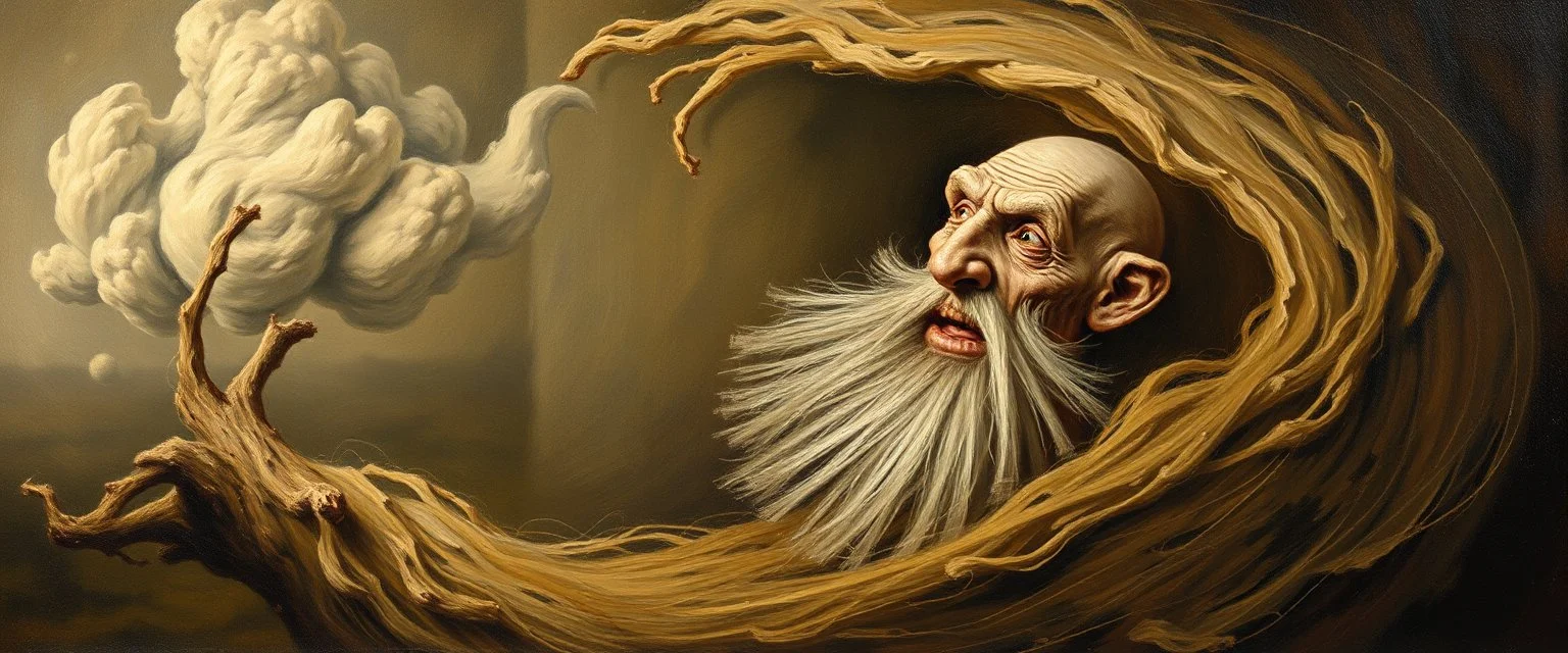 master oil painting by Rembrandt, good afternoon bald clay golem in the middle of twister whirl wind, in the style of disney